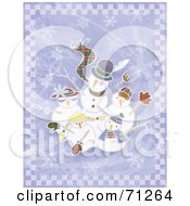 Poster, Art Print Of Snowman Family Waving Over A Purple Background With Snowflakes