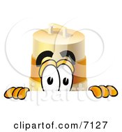 Barrel Mascot Cartoon Character Peeking Over A Surface