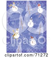 Royalty Free RF Clipart Illustration Of A Purple Checkered Background With Trees Snowflakes And Snowmen by Steve Klinkel
