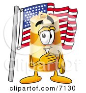 Barrel Mascot Cartoon Character Pledging Allegiance To An American Flag