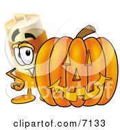 Barrel Mascot Cartoon Character With A Carved Halloween Pumpkin