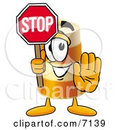 Barrel Mascot Cartoon Character Holding A Stop Sign