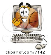 Clipart Picture Of A Basketball Mascot Cartoon Character Waving From Inside A Computer Screen