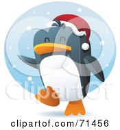 Poster, Art Print Of Happy Penguin Running Through The Snow And Wearing A Santa Hat