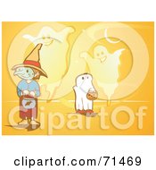 Royalty Free RF Clipart Illustration Of An Orange Halloween Background Of Trick Or Treaters And Ghosts by xunantunich