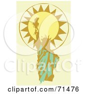 Royalty Free RF Clipart Illustration Of The Statue Of Liberty In Front Of The Sun On Beige
