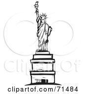 Royalty Free RF Clipart Illustration Of A Black And White Wood Carved Style Statue Of Liberty by xunantunich