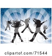 Poster, Art Print Of Silhouetted Girls Jumping Over A Bursting Blue Background