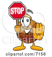 Basketball Mascot Cartoon Character Holding A Stop Sign