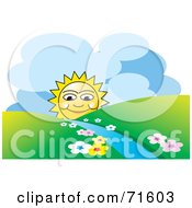 Royalty Free RF Clipart Illustration Of A Happy Sun Rising Behind Hills And A Stream