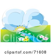 Royalty Free RF Clipart Illustration Of A Happy Sun Emerging Behind Hills And A Stream