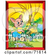 Poster, Art Print Of Giraffe And Frog Watching A Turtle Pull A Hare On A Cart