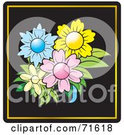Poster, Art Print Of Short Vase With Colorful Flowers On Black With Gold Trim