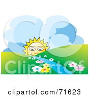 Royalty Free RF Clipart Illustration Of A Happy Sun Peeking Behind Hills And A Stream