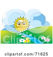 Royalty Free RF Clipart Illustration Of A Happy Sun Rising Over Hills And A Stream