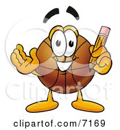 Clipart Picture Of A Basketball Mascot Cartoon Character Holding A Pencil