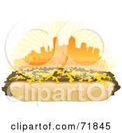 Royalty Free RF Clipart Illustration Of A Philly Cheesesteak Sandwich In Front Of An Orange Skyline
