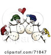 Group Of Snowmen Holding Hands Under A Heart by inkgraphics