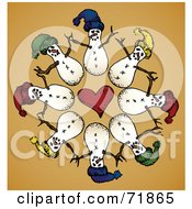 Poster, Art Print Of Circle Of Snowmen Around A Heart On Orange