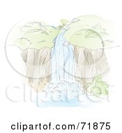 Sketched Natural Waterfall Over A Cliff