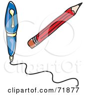 Royalty Free RF Clipart Illustration Of A Red Pencil And Writing Blue Pen