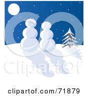 Poster, Art Print Of Snowman Couple Gazing At The Moon On A Winter Night
