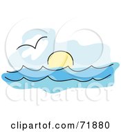 Poster, Art Print Of Seascape With A Gull Over The Water And The Sun On The Horizon