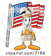 Bone Mascot Cartoon Character Pledging Allegiance To An American Flag