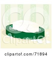 Poster, Art Print Of White Bar Of Soap On A Green Dish With Bubbles