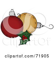 Poster, Art Print Of Holly Leaves With Orange And Red Christmas Ornaments