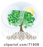 Poster, Art Print Of Deeply Rooted Mature Tree With Blue Halftone Dots And A Sun