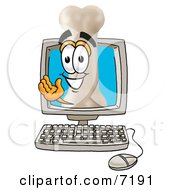 Clipart Picture Of A Bone Mascot Cartoon Character Waving From Inside A Computer Screen