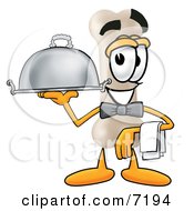 Clipart Picture Of A Bone Mascot Cartoon Character Dressed As A Waiter And Holding A Serving Platter by Toons4Biz