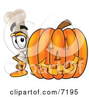 Bone Mascot Cartoon Character With A Carved Halloween Pumpkin