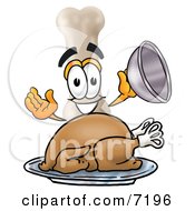 Bone Mascot Cartoon Character Serving A Thanksgiving Turkey On A Platter