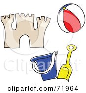 Royalty Free RF Clipart Illustration Of A Digital Collage Of A Beach Ball Sand Castle And Bucket With Shovel