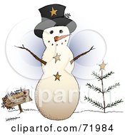 Poster, Art Print Of Friendly Snowman With A Sign And Tree