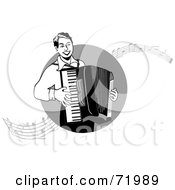 Black And White Man Playing An Accordian With Music Notes