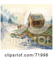 Royalty Free RF Clipart Illustration Of A Watercolor Background Of Two Boats Near A Cabin On A Bay by inkgraphics