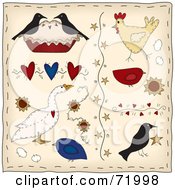 Poster, Art Print Of Digital Collage Of Folk Birds Hearts Stars And Flowers