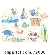 Digital Collage Of Beach Icons Ball Sailboat Beach Toys Sand Castle Ocean Bikini Fish Surfboard Etc