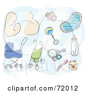 Poster, Art Print Of Digital Collage Of A Mother Pregnant Belly Baby Toys Pacifier Strollers Food And Bottle