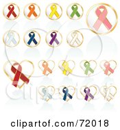 Royalty Free RF Clipart Illustration Of A Digital Collage Of Round And Heart Shaped Awareness Ribbon Buttons by inkgraphics #COLLC72018-0143
