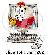 Fishing Bobber Mascot Cartoon Character Waving From Inside A Computer Screen
