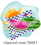 Royalty Free RF Clipart Illustration Of A Watermelon Sliced Over A Checkered Mat In Front Of The Sun