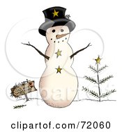 Poster, Art Print Of Rounded Snowman With A Sign And Tree