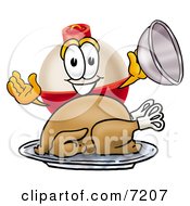 Clipart Picture Of A Fishing Bobber Mascot Cartoon Character Serving A Thanksgiving Turkey On A Platter by Toons4Biz
