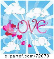 Poster, Art Print Of The Word Love With Hearts In A Shining Blue Sky With Clouds