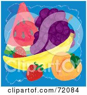 Royalty Free RF Clipart Illustration Of A Group Of Strawberries Peach Banana Grapes And Watermelon On Blue