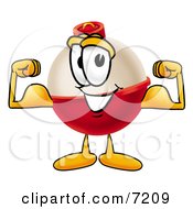 Clipart Picture Of A Fishing Bobber Mascot Cartoon Character Flexing His Arm Muscles by Toons4Biz